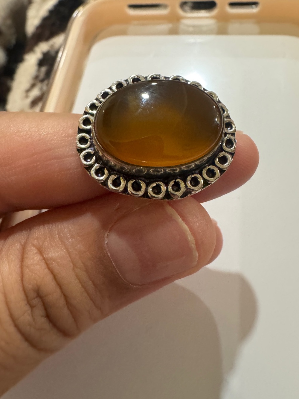 Yellow Agate Amber tone Cabochon Ring - size 6